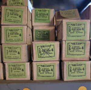 Old school Flathead Wood Screws from Belgium boxes / one gross (144)  sizes start at number 3 and go to 3/8